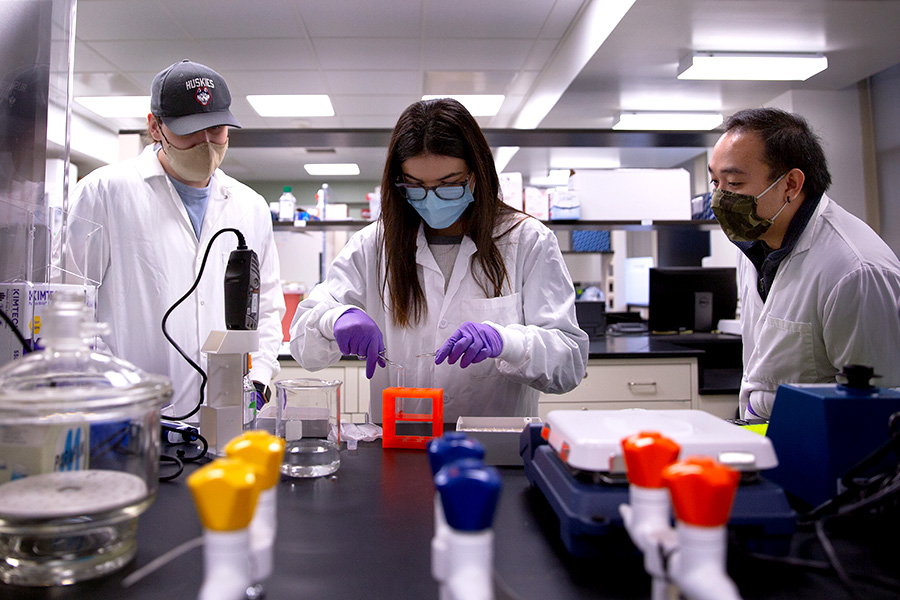 Olivia Vanegas, a behavioral neuroscience Ph.D. student in the Department of Psychological Sciences, conducts a laboratory training with fellow psych Ph.D. students Carl Rodriguez and Antonio Matt Reck in the lab of Steven Kinsey, professor of nursing, in Beach Hall.